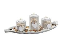 Cepewa Juego de portavelas marítimo, en Blanco Antiguo en una Bandeja de Hojas con óptica de Vela, Incluye decoración de corazón de Piedras de Arena para la Playa de candelitas