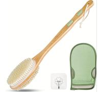 Cepillo corporal de cara Bearona con manopla exfoliante - Removedor de cerdas naturales con mango largo, exfoliante de piel para baño o cepillado - Pedicura/Manicura