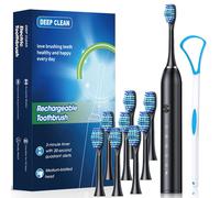 Cepillo de dientes eléctrico con raspador de de lengua, IP67, carga USB, cepillo de dientes de cerdas suaves con temporizador inteligente recargable