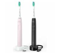 Philips Sonicare 3100, cepillo dental eléctrico, cepillo dental sónico, sensor de presión y temporizador, rosa chicle y negro, pack doble, HX3675/15