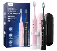 Cepillo de Dientes Eléctrico Sónico para Adultos - Paquete de 2 Cepillo Electrico Sónico con 10 Cabezales y Estuche de Viaje, 5 Modos, 90 Días de Autonomía, Negro y Rosa Pastel