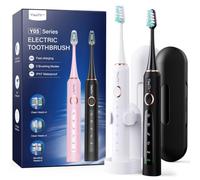 Cepillo de Dientes Eléctrico Sónico para Adultos - Paquete de 2 Cepillo Electrico Sónico con 10 Cabezales y Estuche de Viaje, 5 Modos, 90 Días de Autonomía, Negro y Blanco Perla