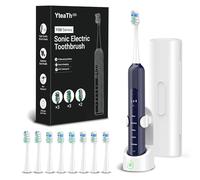 Cepillo de dientes eléctrico sónico para adultos y niños, 5 modos de cepillado con 3 niveles de intensidad, temporizador, 8 cabezales de repuesto y estuche de viaje, recargable, color azul
