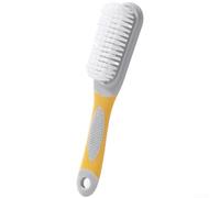 Cepillo de limpieza de zapatos con mango de plástico con cerdas densas suaves y agujero trasero para almacenamiento de gancho en lavandería o áreas de entrada (amarillo)