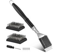 Cepillo de limpieza y raspador para parrilla de barbacoa, cepillo de alambre para parrilla, limpiador de parrilla de acero inoxidable de 43 cm, 2 cabezales de cerdas de acero inoxidable reemplazables