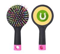 Cepillo de pelo redondo verde con logotipo de herradura para desenredar el cabello, base acolchada