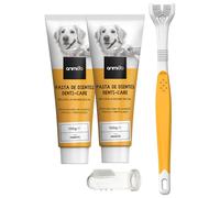 Cepillo y Pasta de Dientes para Perros - Kit de Higiene Bucal con 2 Unidades de 100mg de Dentífrico Canino, Cepillo Dental Triple Cabezal y de Dedo, para Eliminar Sarro y Mal Aliento, Sabor Menta