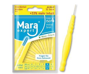 Cepillos interdentales 1,3-1,5 mm Basic by MARA, ISO 4 ancho intermedio, 33 % más contenido, paquete económico, cepillo interdental ideal, sabor a menta, 32 unidades (color amarillo, 4)