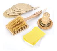Cepillos y esponjas para lavar platos, 2 cepillos de madera + 10 esponjas naturales + 5 esponjas de lufa + 2 soportes para cepillos de madera, cepillos de limpieza de cocina sin plástico (kit de cero