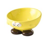 Ceramic Cat Feeder, Raised Slanted Pet Bowl, Non-Slip Elevated Dish, with Cute Expression Design for Food and Water, Cats and Small Dogs, 14.5x9.8x6.8cm 500g Blue Yellow