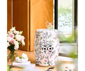 Ceramic Garden Stool Hand-Painted Flower Decorative Drum Stool Glazed Ceramic Chinoiserie Can be used as a side table, no assembly required For Living Room, Bedroom, Balcony, Patio 32x32x46cm
