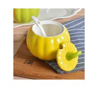 Ceramic Jar with Lid and Spoon, Creative Pumpkin Shape, Suitable for Sugar / Salt / Spices, Color: Yellow