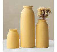 Ceramic Vase Set-3, Small Flower Vases for Decor, Modern Boho Farmhouse Style, Decorative Vases for Pampas Grass & Dried Flowers, Distressed Finish (Yellow)