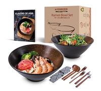 Cerámica Conjunto tazón de ramen japonés, 2×900ml 14 piezas Palillos y cucharas , Grandes Grandes para Sopa de Fideos de Ramen Japonés Cuencos