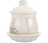Cerámica Copa de Ofrenda de Agua Budista Beige | Taza Ritual Clásica, Tapa y Bandeja Incluidas, Uso Doméstico, Decoración Elegante, Polvo Protegido