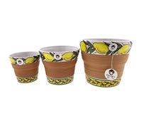 CERÁMICA ESPAÑA | Macetas de Barro | Macetas Decorativas | Macetas Exterior | Conjunto x3 Decorado Limones - D08 | Decoración 100% Hecho a Mano | 25x25x21 cm + 20x20x17 cm + 16x16x14 cm