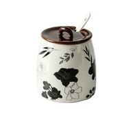 CeráMica Especias Salero Juego De 3 Botes Con Cucharas DiseñO Floral Blanco Negro Especias CeráMicos Para Cocina FáCil Limpiar-C