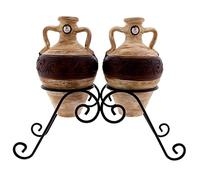 CERÁMICA RAMBLEÑA | Cántaro de Barro Tradicional | Conjunto cántaros 19x19x32 cm x2 + Soporte Forja | Cántaro de Barro asa Doble - Modelo D02 | 100% Hecho a Mano | 4 litros | Conjunto 55x20x43 cm