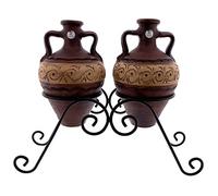 CERÁMICA RAMBLEÑA | Cántaro de Barro Tradicional | Conjunto cántaros 19x19x32 cm x2 + Soporte Forja | Cántaro de Barro asa Doble - Modelo D03 | 100% Hecho a Mano | 4 litros | Conjunto 55x20x43 cm