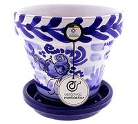 CERÁMICA RAMBLEÑA | Macetas de Barro Rojo | Macetas Decorativas | Macetas de cerámica | Macetas Exterior | Decorado Montería Azul - D111 | Decoración 100% Hecho a Mano | 35x35x36 cm | Plato Incluido