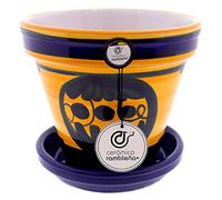 CERÁMICA RAMBLEÑA | Macetas de Barro Rojo | Macetas Decorativas | Macetas de cerámica | Macetas Exterior | Decorado Amarillo - D113 | Decoración 100% Hecho a Mano | 20x20x19 cm | Plato Incluido