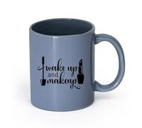 cerámica Taza de té Despierta, maquilla a tu chica, espejo de baño, tocador, lápiz labial, rímel, salón de belleza. （11oz/320ml） Restaurante, oficina Gris azulado