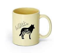 cerámica Tazas personalizadas Lobo Animal Tribal Depredador Flores Salvaje Natural （11oz/320ml） Perfecto para cocinas, restaurantes y cafeterías, gran idea de regalo Beige