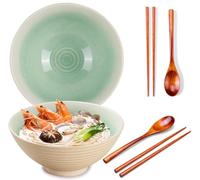 Ceraozmus 2 cuencos de cerámica para ramen, 40 onzas, 20 cm, con cuchara y palillos para sopa de ramen, fideos asiáticos, cuencos grandes para fideos (esmalte blanco, 2 juegos)