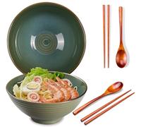 Ceraozmus 2 cuencos de ramen de cerámica - 1200 ml - 20 cm - With Spoon and Chopsticks for Ramen Soup Pho Udon Asian Noodles, Big Noodle Bowls (esmalte verde 2 juegos)