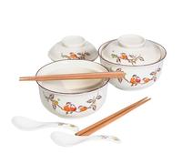 Ceraozmus Juego de cuencos de cerámica para ramen de 800 ml con tapa, cuchara y palillos, cuencos de sopa grandes vintage japoneses, cuenco de fideos instantáneos, vajilla asiática (Pájaro*2)