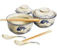 Ceraozmus Juego de cuencos de cerámica para ramen de 800 ml con tapa, cuchara y palillos, cuencos de sopa grandes vintage japoneses, cuenco de fideos instantáneos, vajilla asiática (Pescado*2)