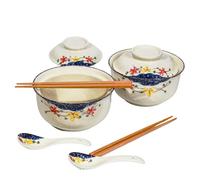 Ceraozmus Juego de cuencos de cerámica para ramen de 800 ml con tapa, cuchara y palillos, cuencos de sopa grandes vintage japoneses, cuenco de fideos instantáneos, vajilla asiática (Color*2)