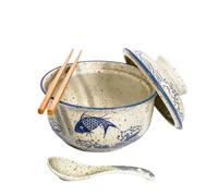 Ceraozmus Juego de cuencos de cerámica para ramen de 800 ml con tapa, cuchara y palillos, cuencos de sopa grandes vintage japoneses, cuenco de fideos instantáneos, vajilla asiática (Pescado*1)