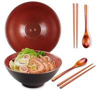 Ceraozmus Ramen - Juego de 2 cuencos de cerámica (1200 ml, 20 cm, con cuchara y palillos para ramen soup Pho Udon Asian Noodles), color marrón