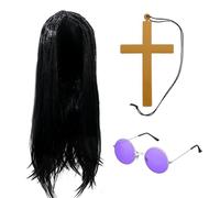 CERCTLA 3 Piezas Accesorios de Prince of Darkness, Peluca Larga Negra, Gafas Moradas Circulares y una Cruz Dorada, Juego de Accesorios de Disfraz de Estrella de Rock, para Fiesta de 70 80, Halloween