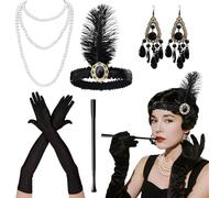 CERCTLA Accesorios Años 20 Mujer, 5 pcs Accesorios Gatsby para Disfraz Conjunto, 1920s Accesorio Set, Accesorio de Charleston para Mujer, Gran Gatsby Diadema Collar Guantes Pendientes para Mujeres