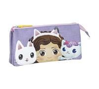 CERDÁ LIFE'S LITTLE MOMENTS Estuche de 3 Compartimentos de Gabby's Dollhouse - Color Lila - 22,5 x 2 x 21,5 cm - Cierre de Cremallera - Versátil y Duradero - Producto Original Diseñado en España