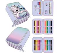 CERDÁ LIFE'S LITTLE MOMENTS Estuche de 3 Compartimentos de Stitch - Color Lila - 12,5 x 6,5 x 19,5 cm - Cierre de Cremallera - Incluye Accesorios - Producto Original Diseñado en España