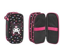 CERDÁ LIFE'S LITTLE MOMENTS Estuche ovalado triple Kuromi Cerdà | Licencia Oficial Sanrio | 3 compartimentos | Escuela primaria y secundaria | Negro Impresión Punk Kawaii con parche engomado y tirador