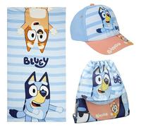 Set Infantil de Bluey - Color Azul y Marrón - Incluye Saquito de Tela, Toalla y Gorra - Estampado de Bluey y Bingo - Ideal para Verano - Producto Original Diseñado en España