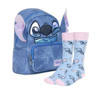 CERDÁ LIFE'S LITTLE MOMENTS Set Infantil Mochila Casual Stitch Azul 22,5x22,5x7 cm + Calcetines Diseño Stitch azul y rosa Talla 36-43