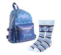 CERDÁ LIFE'S LITTLE MOMENTS Set Infantil Mochila Casual Stitch en Polipiel Azul + Calcetines a rayas Diseño Stitch Talla 36-43