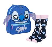 CERDÁ LIFE'S LITTLE MOMENTS Set Infantil Mochila Escolar Stitch Azul, Pequeña + Calcetines Diseño cara de Stitch Talla 36-43