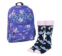 CERDÁ LIFE'S LITTLE MOMENTS Set Infantil Mochila Escolar Stitch Morada 32x12x42 cm + Calcetines Diseño cara de Stitch Talla 36-43
