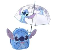 CERDÁ LIFE'S LITTLE MOMENTS Set Infantil Mochila Guardería Peluche de Stitch + Paraguas Transparente Antiviento de Stitch, Apertura Manual y Gran Resistencia al Viento
