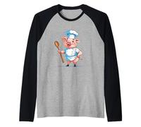 Cerdito cocinero cartoon con gorro y cuchara Camiseta Manga Raglan