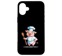 Cerdito cocinero cartoon con gorro y cuchara Carcasa para iPhone 16 Plus