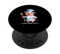 Cerdito cocinero cartoon con gorro y cuchara PopSockets PopGrip Adhesivo