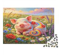 Cerdito Rosa Pastoral Colorido Puzzle de 1000 Piezas Puzzle para Adultos Campo de Flores Primaveral Relajante Alivio Estrés Interacción Familiar Concentración Decoración Regalo 38x26cm/1000pcs