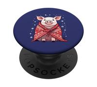 Cerdo navideño para Amantes de los Animales Envuelto en una Manta roja PopSockets PopGrip Adhesivo